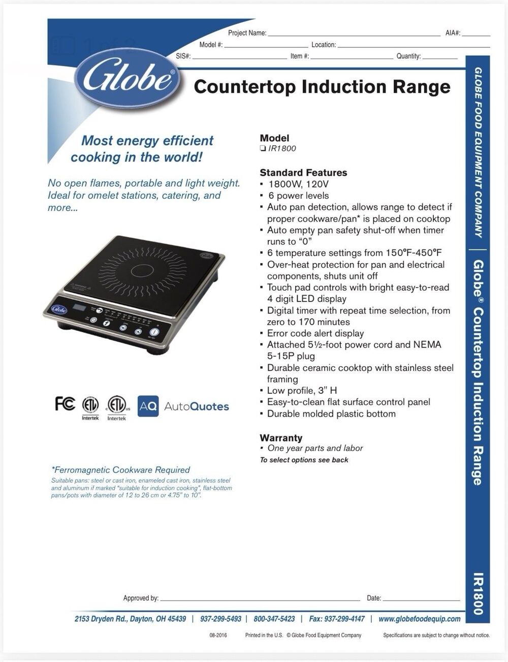 Commercial Globe IR1800 1 Burner Countertop Induction Range